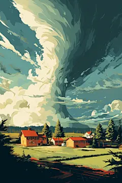 扁平风被破坏的房屋自然灾害龙卷风插画