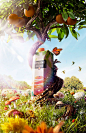 Organic Orange Juice : This image was our idea for illustrating an ideal orange juice, blended with it´s natural resource - the oranges and the nature. We photographed the tree, oranges, juice pack, grass and flowers.Manipula team:Art Direction: Gui Chris