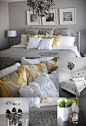 Gray and yellow bedroom. Love it.