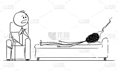 矢量卡通插图的倦怠，紧张或疲倦的人或商人谈话作为病人与精神病学家。