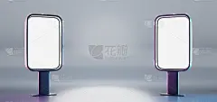 空白广告牌显示，白色液晶显示屏，数字显示器或广告站。垂直矩形灯箱孤立在霓虹灯，紫色背景，角度视图。逼