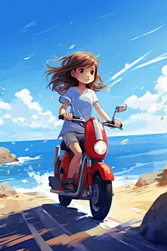 骑车蓝天白云骑电动车的男孩女孩插画