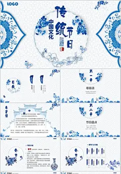 蓝色唯美青花瓷中国风手绘动态传统文化之传统节日PPT模板