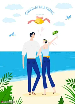 蜜月新婚旅行度假蓝色海水情侣插画人物插画素材下载-优图网-UPPSD