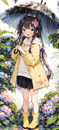 02835-91551590-1girl,rainbow,raincoat,yellow raincoat,rubber boots,hydrangea,flower,long hair,twintails,boots,blush,umbrella,open mouth,hair or