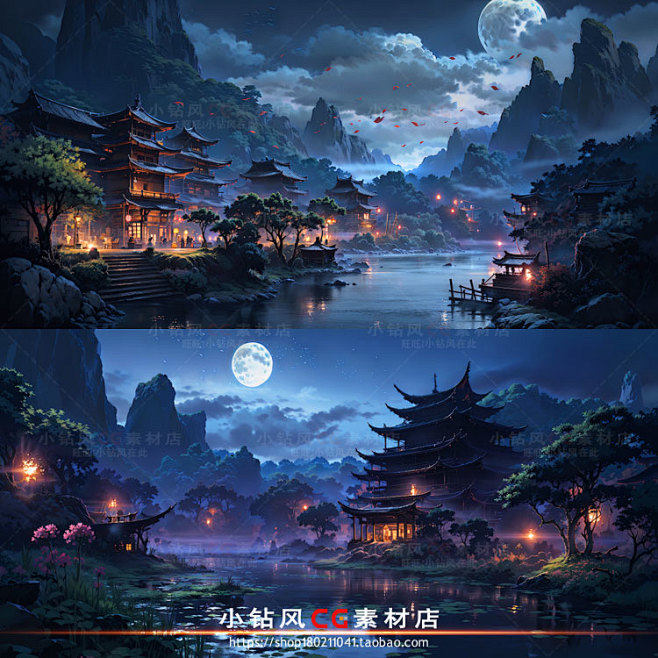 AI古风建筑素材 庭院夜景插画设计 背景临摹图 影视游戏场景资源