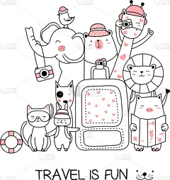 可爱的,幼小动物,动物手,卡通,线条画,猫,贺卡,浪漫,狮子,绘制