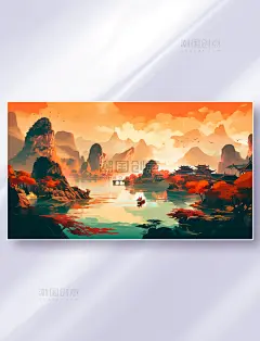 中国风山水云雾大气霞光风景插画图