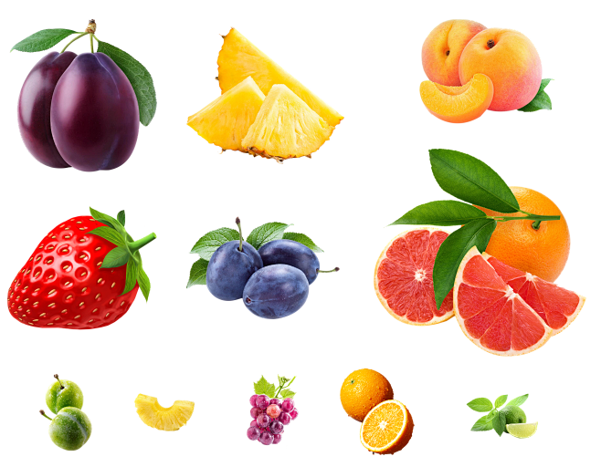 菠萝-黄桃-草莓-蓝莓-橙子-葡萄-树叶...