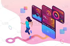 小女孩慢跑时，跑步app追踪锻炼过程，GPS信号。网页设计概念