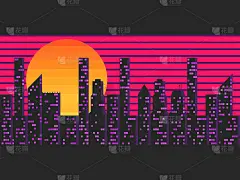 80年代风格的复古未来城市。赛博朋克和复古波浪风格。在日落的背景下，未来大都市的城市景观。矢量图