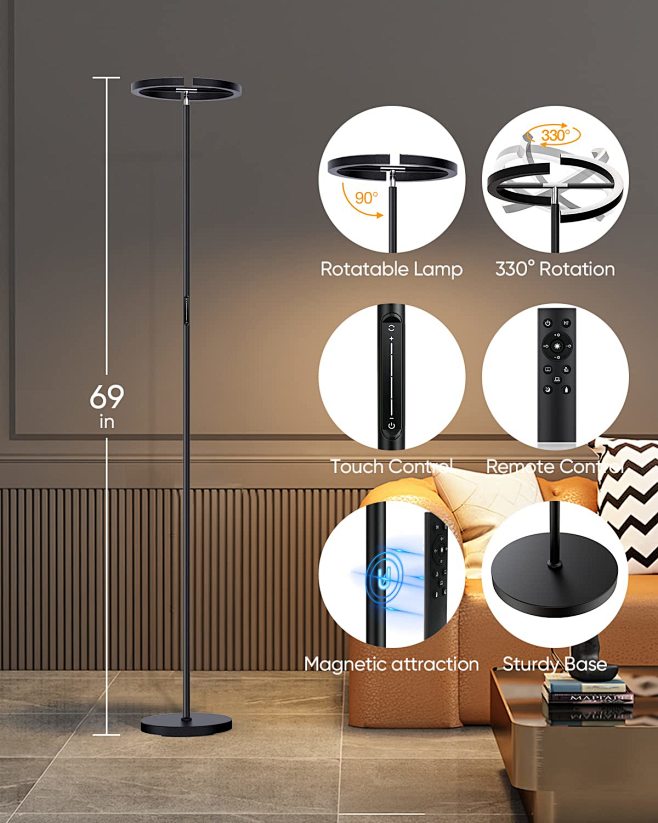 Amazon.com: 客厅落地灯,SIBRILLE 现代无级可调光立灯 3000-6000K,20W LED 可旋转阅读灯,触摸和遥控升降机 ...