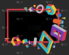 色彩丰富的3D形状矢量框架上的深色背景，明亮正面的立体设计元素，盒子和圆柱体等形状简单时尚的边框。
