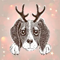 新年贺卡与矢量肖像搞笑狗与鹿角在闪闪的明星背景。可爱的小猎犬。t恤