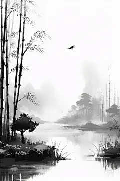 黑白水墨中国风竹子竹林自然风景插画