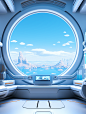 a large window showing the sea and sky, in the style of futuristic spacecraft design, detailed background elements, ricoh r1, cartoon mis-en-scene, contact printing, playful machines, hyperrealistic environments