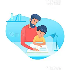 Dad helping son with homework flat illustrationDad helping son with homework flat illustration. Parenting, fatherhood vector illustration. Father educating kid isolated clipart. Family time. Parent teaching toddler reading design element