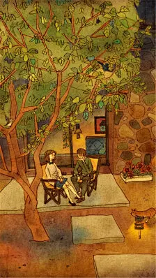 韩国插画师puuung的暖心爱情故事插画 壁纸 정원 (Garden)Sharing talks sitting on a garden on a weekend afternoon. It sure is a drowsy day, right?