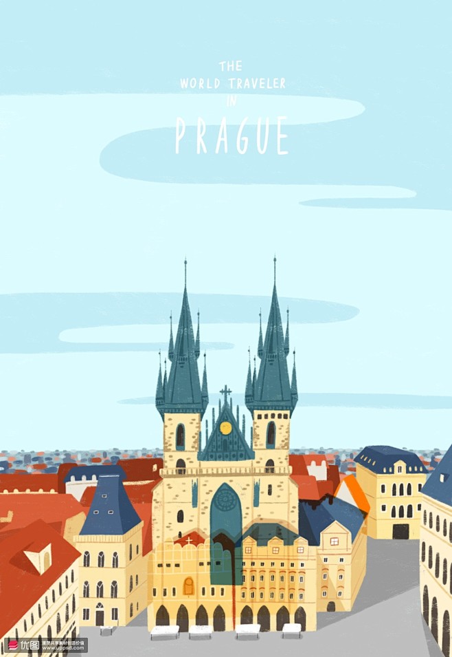 布拉格城堡世界旅游地标风景建筑插画 风光...