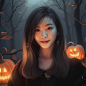 misty forest, female witch, beautiful, long hair, Background the witch's house, and pumpkin head,mysterious objects, fairy light, Close-Up(CU), illustration, dark moody lighting, best quality, ultra detailed, --v 5 --q 2