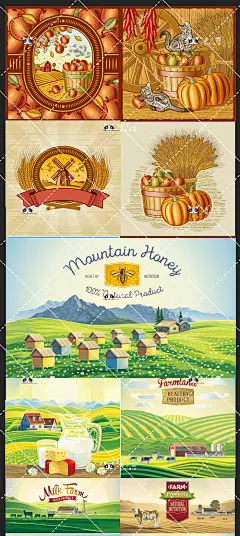 失量手绘秋于秋收丰收农场牛奶食物食品包装插画平面设计素材F10-淘宝网