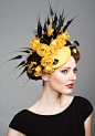 Rachel Trevor Morgan Millinery S/S 2015, Yellow silk pillbox with roses and black claw feathers