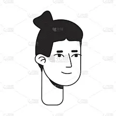 笑容可亲的亚洲男人，头戴单色扁平线头。不过是个发型而已希波斯特可编辑的轮廓手绘人脸图标.用于动画的2