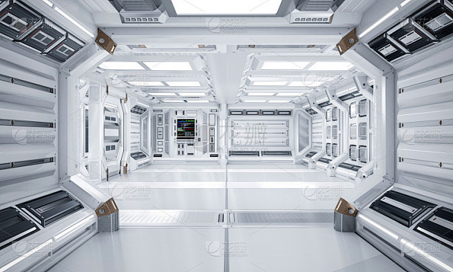 未来建筑科幻走廊和走廊室内，3D渲染