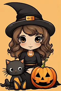 南瓜头万圣节女巫小魔女卡通插画图片
