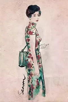 「精品手绘」美呆了：国画插画——穿旗袍的女人