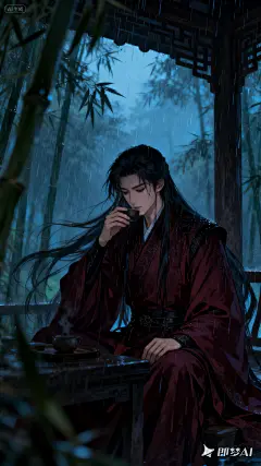 jimeng-2025-09-15-4387-黑暗风格人物插画，主体为穿着深红色官服的权臣，精致的面容，垂眸，玉面公子。长发飞