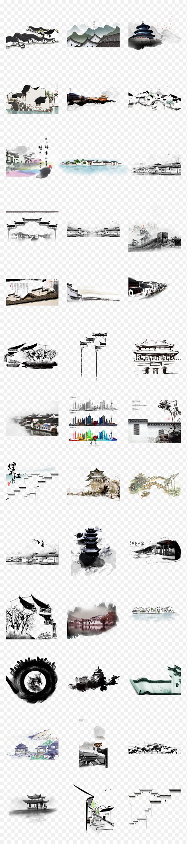 中国风古典水墨江南建筑古典艺术油墨屋檐背...