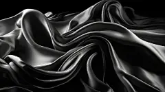 点击来源直接获取大图文件 |黑白丝绸缎面织物抽象背景。褶皱折痕波浪状皱巴巴。浅亮闪闪发光。奢华美丽富有。性感。流体流动液体效果。设计。壁纸概念