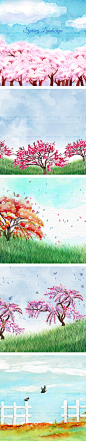 0698手绘水彩春夏秋季花园风景植物装饰画芯插画油画矢量设计素材-淘宝网