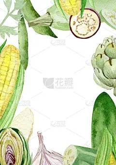 水彩蔬菜框边与玉米，西葫芦。手绘素食旗帜生态食品菜单，贺卡传单，食谱。农贸市场。素食的设计。