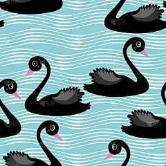 无缝天鹅图案。卡通矢量插图。黑天鹅漂浮在水面上。完美的设计模板，墙纸，包装，织物和纺织品。