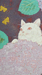 Play with Butterflies - 日本画家阿部千鹤岩画作品：猫咪与蝴蝶 http://paper.ipad.ly