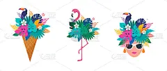 夏天的场景，冰淇淋甜筒充满了丛林异国情调的叶子，火烈鸟和女人的头。你好夏季概念插图，背景和横幅