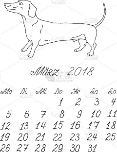 创意矢量徒手涂鸦每月德国日历模板2018年与说明不同的狗的血统。字体,字体。3月,獾的狗。可编辑的。