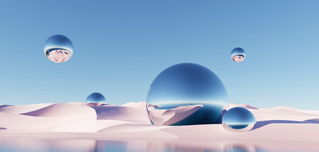 CG渲染未来梦幻超现实主义极简自然水面沙...