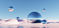 CG渲染未来梦幻超现实主义极简自然水面沙漠山峰玻璃镜面金属球体背景设计高清图片合辑 :  