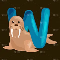字母,英文字母W,鱼肉,动物主题,卡通,小山羊,可爱的,单词,字母表次序,野生动物