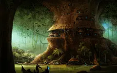 General 2560x1600 fantasy art 森林 小屋 大树 插画 手绘 壁纸 高清