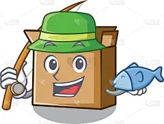 纸板,分离着色,吉祥物,立方体,角度,可爱的,开着的,充满的,性格,钓鱼