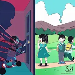 日本插画师
 他的现实题材插画 
鲜艳的色彩，描绘着一个个黑暗故事
直击人性中消极、痛苦的一面
其中的含义，你看得懂吗？
画师P站ID：67825971