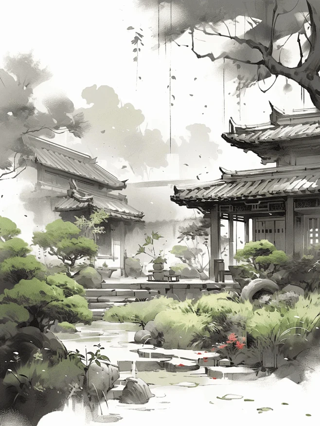 古风插画：庭院-花瓣网
