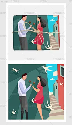 绿色简约扁平风情侣风景插画