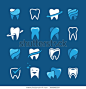 Set of teeth, tooth icons on blue background. Can be used as logo for dental, dentist or stomatology clinic, teeth care and health concept
