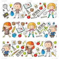 的孩子。学校和幼儿园。创造力和教育。音乐。探索。科学。的想象力。玩和学习。烹饪。唱歌。阅读。不同的爱