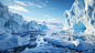 在明亮的南极阳光下，水晶般清澈的海水显露出冰山的水下部分。